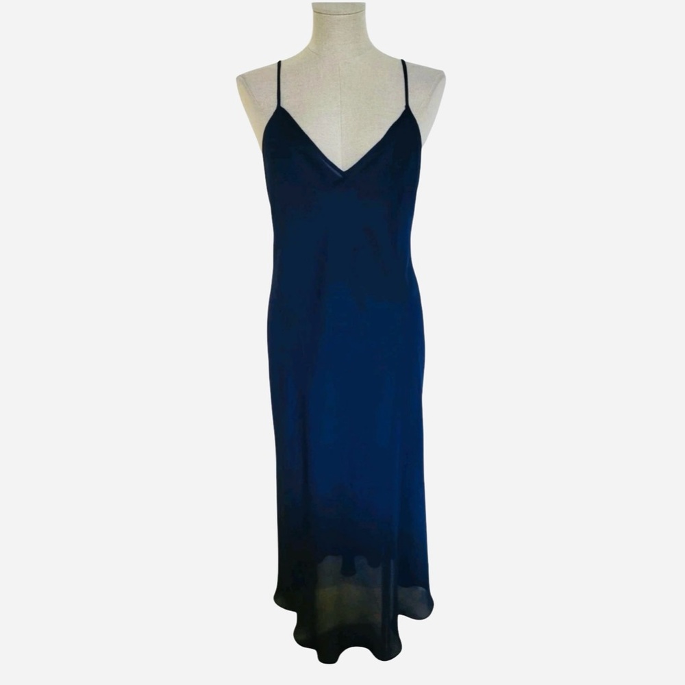 Lauren Ralph Lauren Navy Blue Sheer Chiffon Nightgown Slip Dress Chemise Maxi